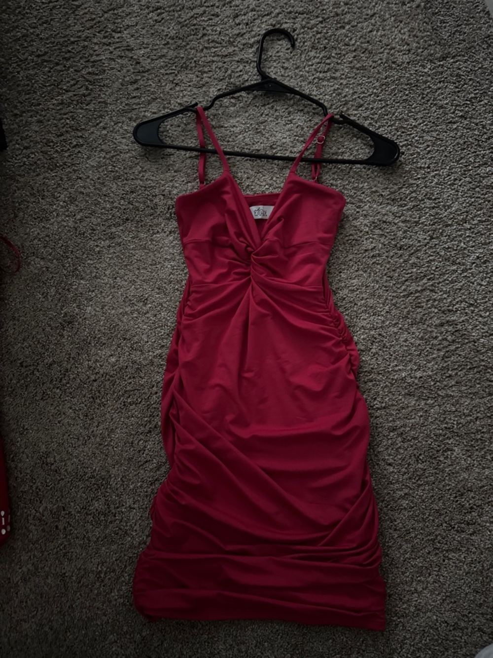 Oh Polly Ruched Twist Front Midi Dress in Deep Pink